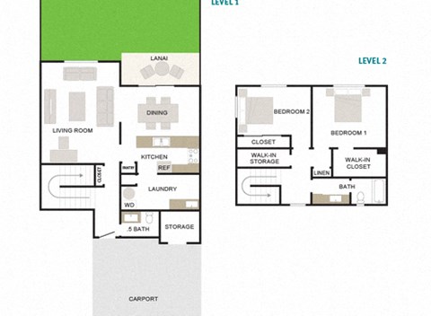 Floor plan for 2 beds, 1.5 baths, 1267 sqft